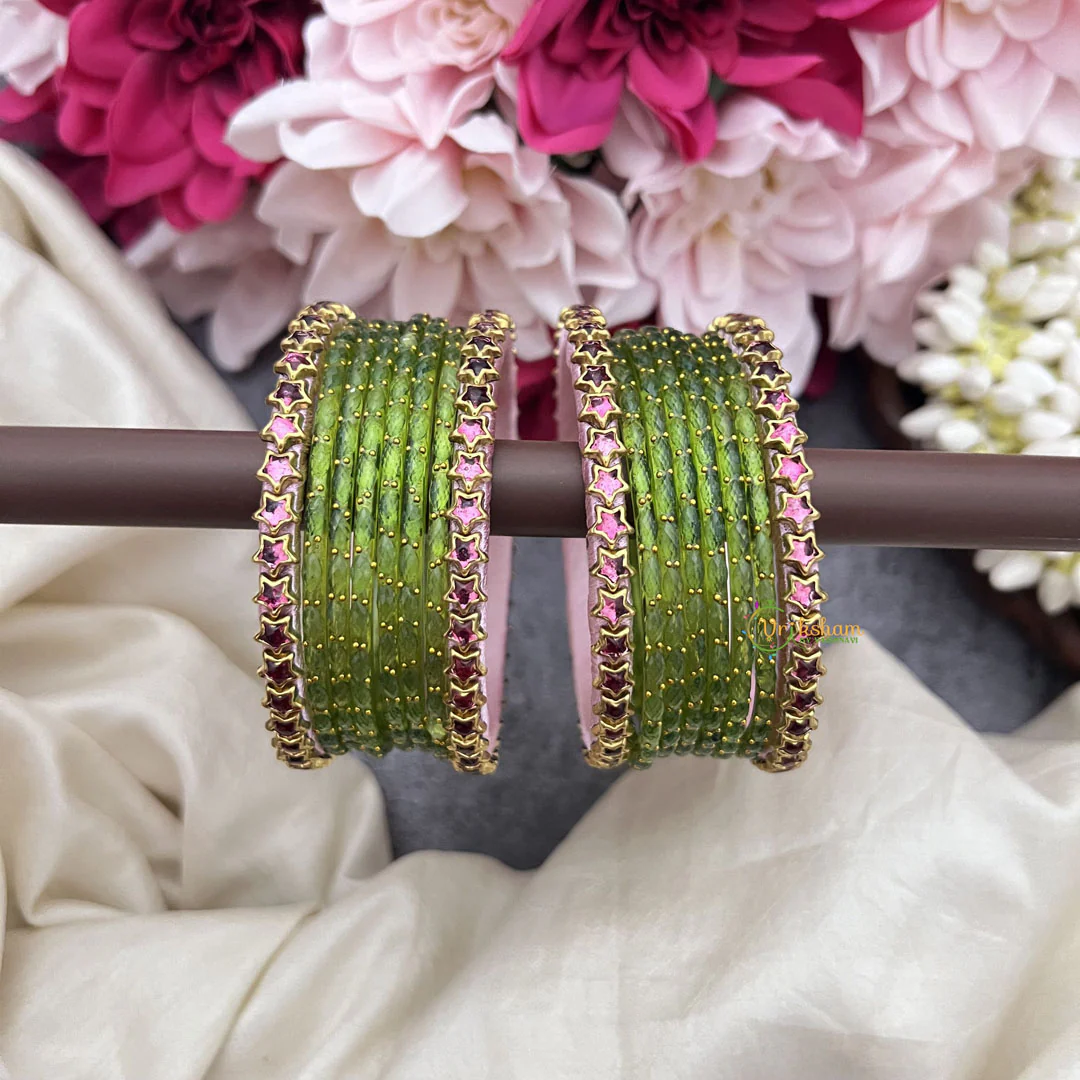 Parrot Green Glass Bangles with Pink Star Border Bangle Set